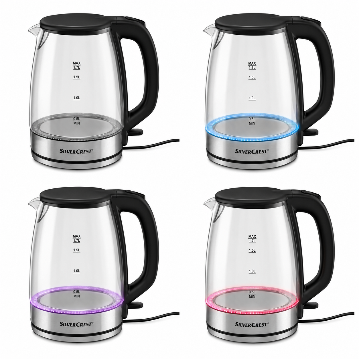 Silvercrest 1.7L Glass Water Kettle Colour Changing RGB LED Illuminated, Chrome