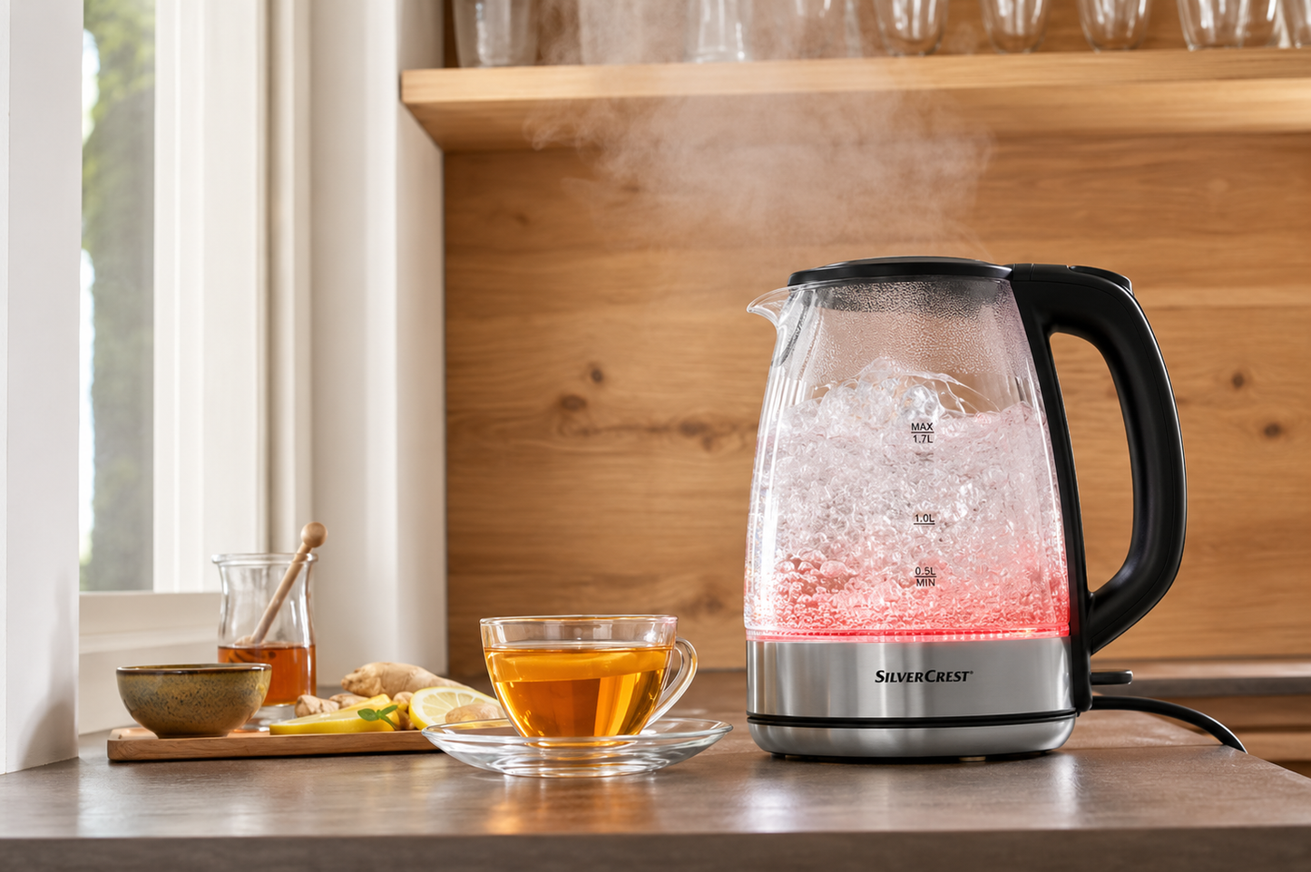 Silvercrest 1.7L Glass Water Kettle Colour Changing RGB LED Illuminated, Chrome